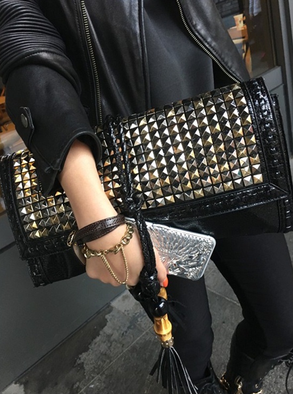 hakiki gercek deri parlak zimbali siyah el cantasi