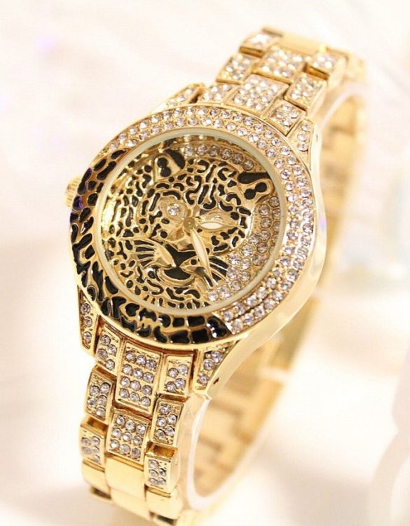 leopar swarovski tasli altin rengi kol saati