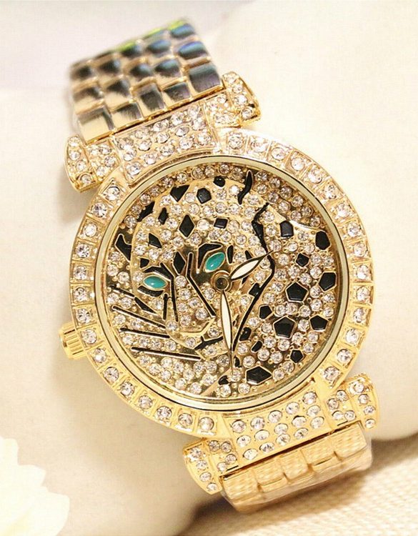 metal kordonlu tasli leopar kol saati