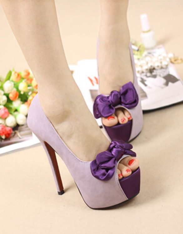 mor papyonlu platform yuksek topuklu ayakkabi