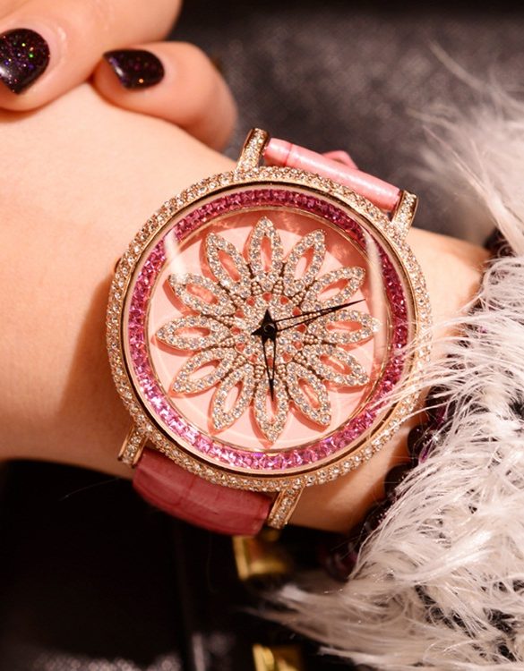 pembe renk deri kordonlu swarovski tasli kol saati