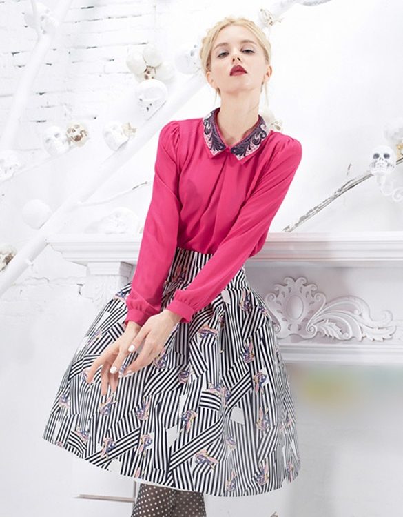 pembe renk desenli yakali baharlik sifon bluz