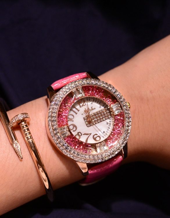 renkli swarovski tasli deri kordonlu pembe kol saati