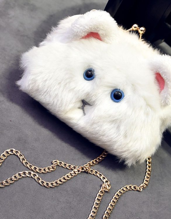 sevimli pelus kedi beyaz kol cantasi