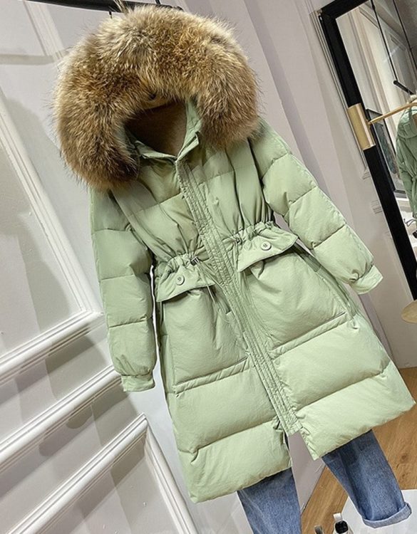 su yesili gercek kurk yaka kapusonlu mont