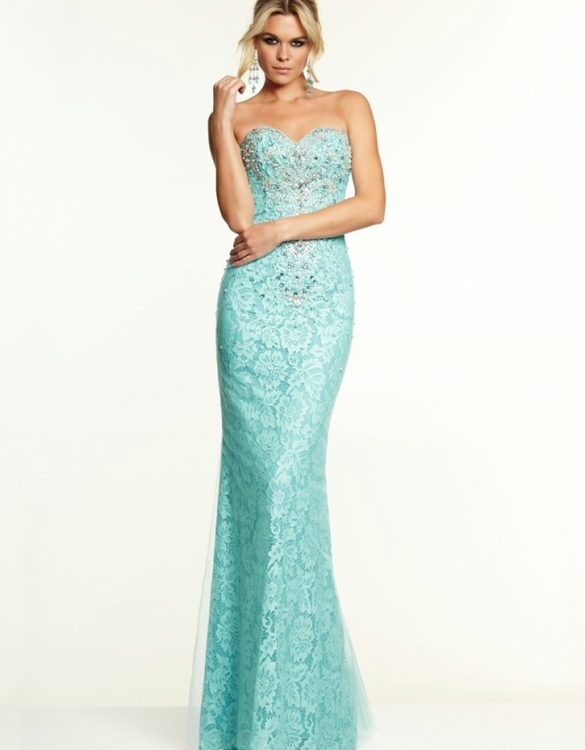 turkuaz renk straplez dantel abiye gece elbisesi