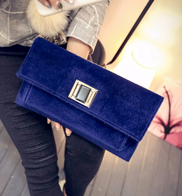 zincirli kadife mavi el kol cantasi